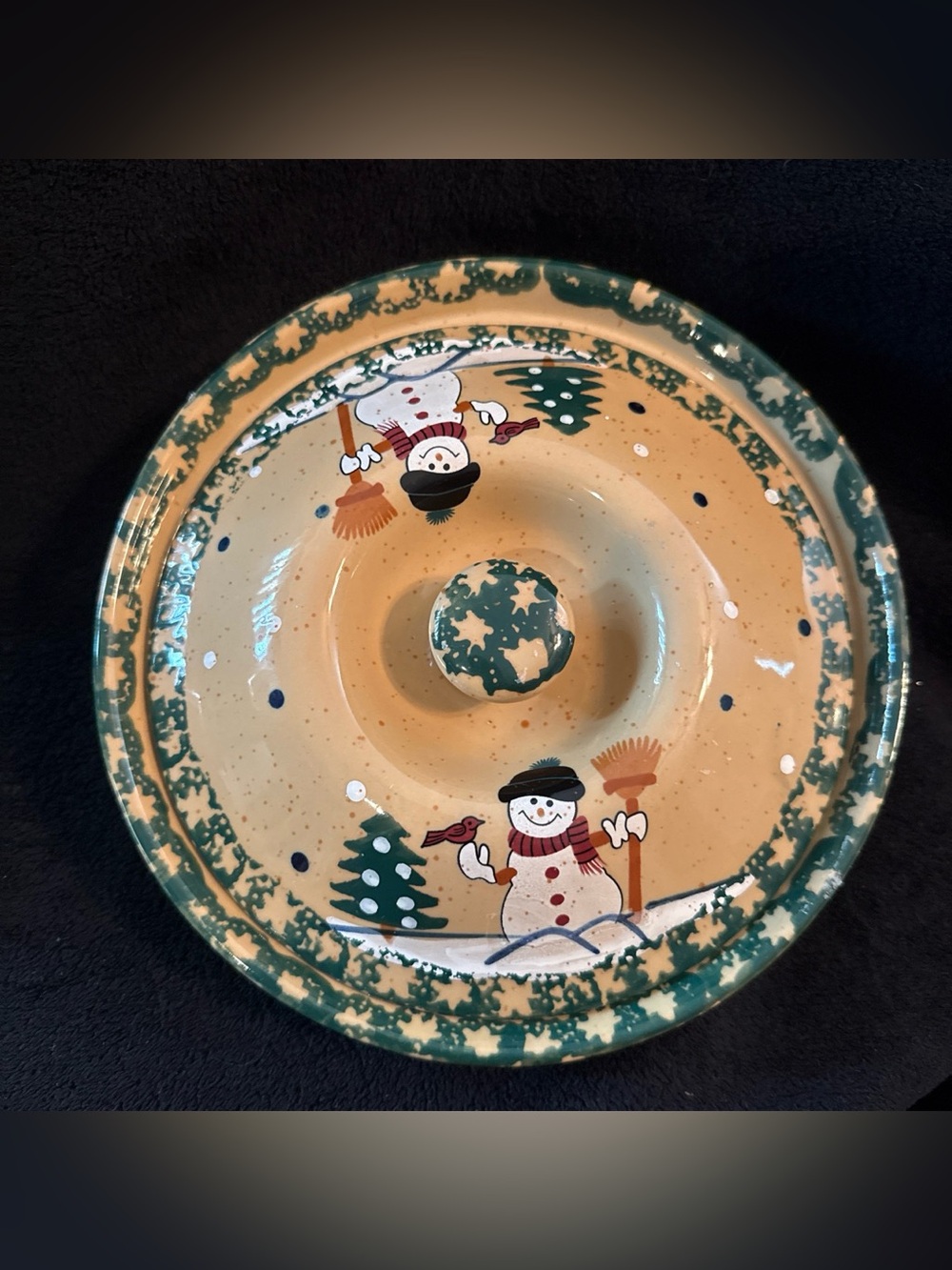 LTD Limited 9” Christmas Snowman Pie Dish W/ Lid Stoneware Green Sponge Edges